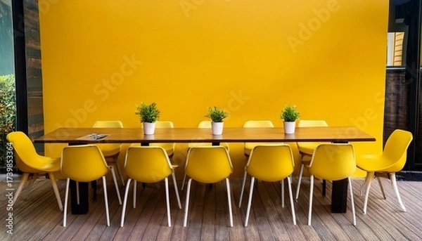 Fototapeta yellow chairs at a long table in front of a yellow wall
