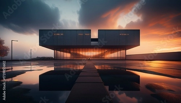 Fototapeta dramatic brutalist architecture bathed in warm twilight glow evoking mystery and modern design with moody clouds and wet reflective surfaces