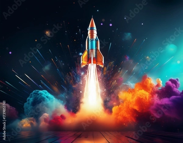 Fototapeta a vibrant rocket launches into space surrounded by colorful smoke and lights creating a dynamic and futuristic atmosphere