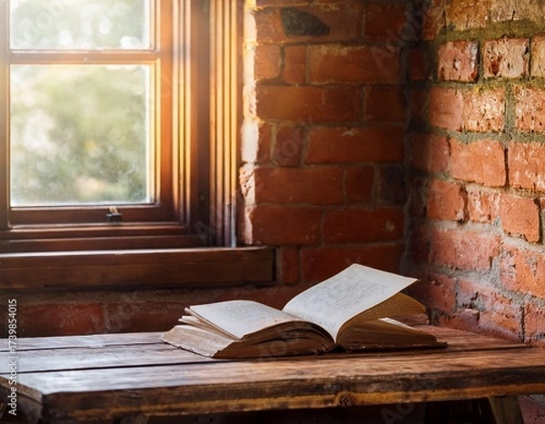 Fototapeta cozy rustic nook with open book on weathered wood table brick wall and window light evoking vintage charm and quiet contemplation