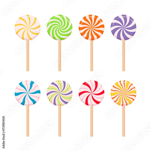 Fototapeta Colorful lollipops vector set. Caramel candies with different flavors illustration.