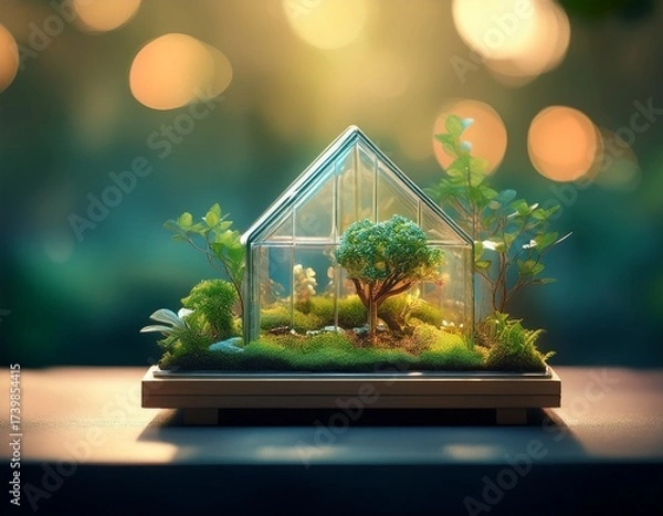 Fototapeta miniature greenhouse with plants and tree on a platform blurred background