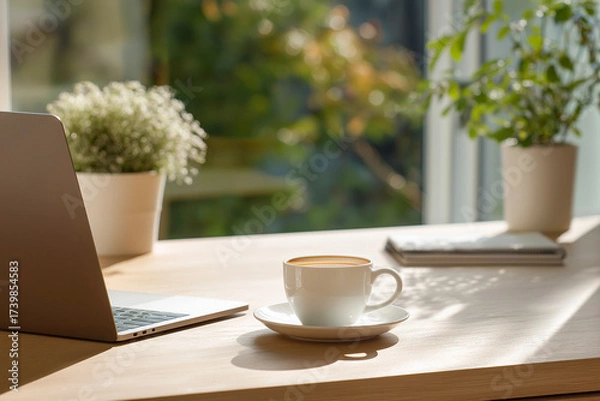 Fototapeta ノートパソコンとコーヒーカップのあるミニマルなホームオフィス