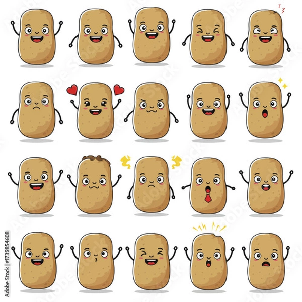 Obraz Cute Potato Character Mascot with Different Facial Expressions.