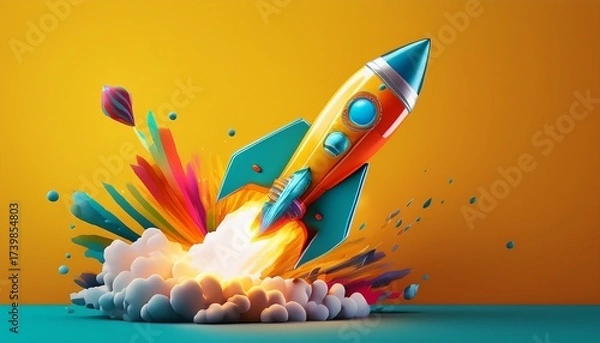 Fototapeta a colorful rocket taking off against a bright yellow background symbolizing growth and innovation