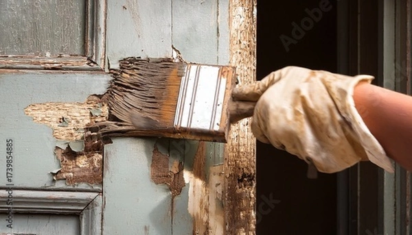 Fototapeta eliminating old lead based paint from a decayed door of a construction