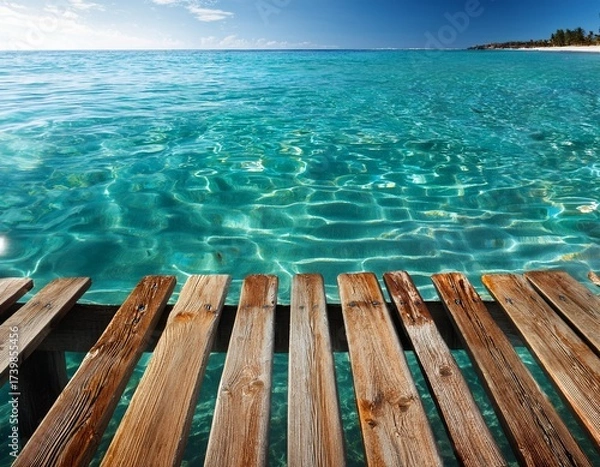 Fototapeta wooden planks partially submerged in shallow ocean water