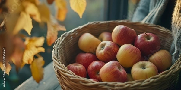 Fototapeta A basket full of fresh apples sits by a window. The warm autumn light shines through, enhancing the vibrant colors. Perfect for healthy living and seasonal decor. AI