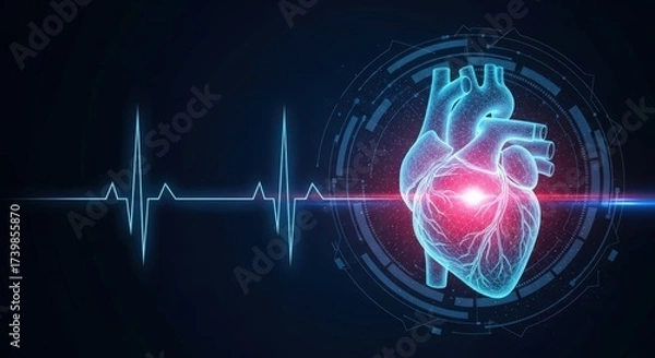Fototapeta Glowing digital heart with a futuristic heartbeat monitor