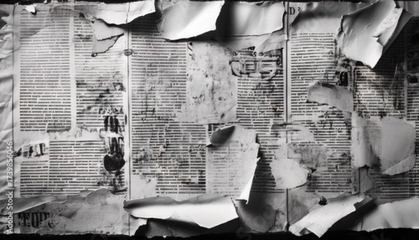 Fototapeta distressed newspaper texture in black and white with torn and ink stained areas for vintage aesthetic