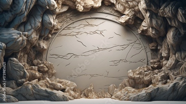Fototapeta Mystical Cave Entrance Surrounded by Rugged Rocky Walls with Circular Opening in Natural Landscape Style