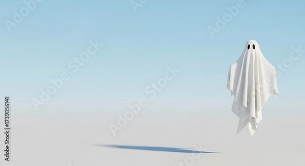 Fototapeta White ghost hanging blue-to-grey gradient background, minimal Halloween concept.