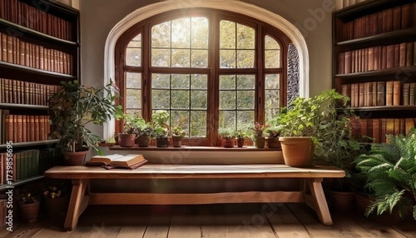 Fototapeta rustic wooden bench beside an arched window with books and plants offering a serene contemplative atmosphere for storytelling or vintage themes