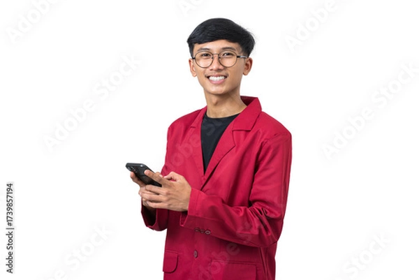 Fototapeta Smiling young college student using mobile phone texting message isolated on white background