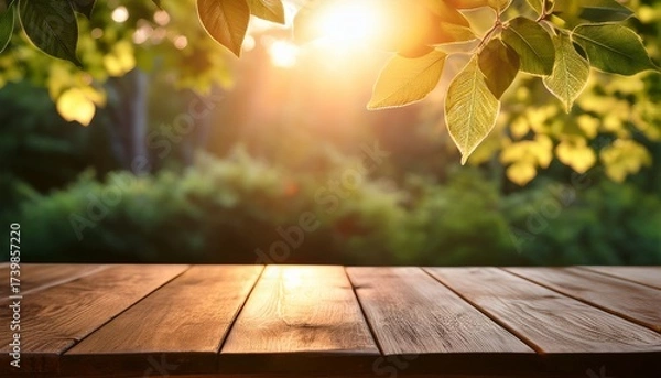 Fototapeta warm sunlight filters through leaves onto a rustic wooden table creating a serene and peaceful outdoor scene