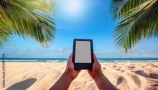 Fototapeta relaxing on the beach with an e reader device amidst lush palm fronds and soft golden sand perfect for tranquil escapism and digital reading