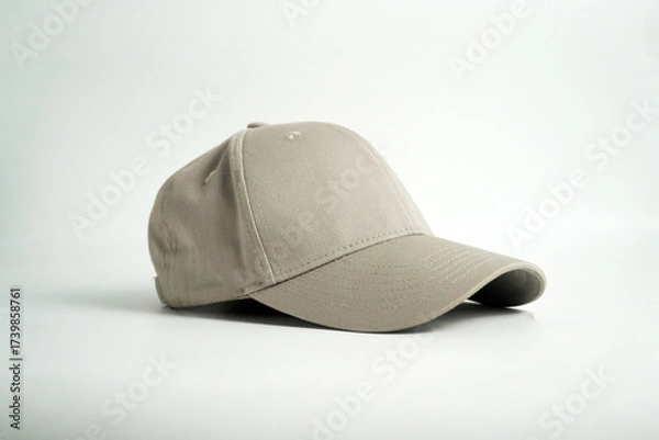 Fototapeta A blank gray baseball cap sits on a clean white background, viewed from a straight-on perspective. This versatile image is perfect for mockups, clothing, or accessory concepts.


