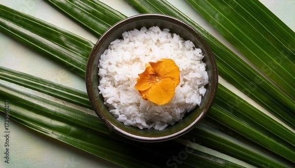 Fototapeta a bowl of rice garnished with a flower on a leaf photographed from above