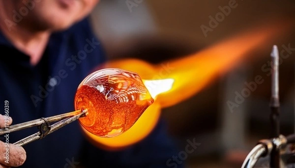 Fototapeta intense close up of hot molten glass blowing and shaping with flame from torch focused craft in workshop creating handmade art with intense heat and fire