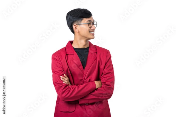 Fototapeta Portrait of smiling young asian college student wearing red almamater isolated on white background