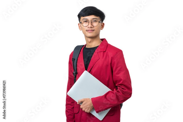 Fototapeta Smiling young college student with books and backpack isolated on white background