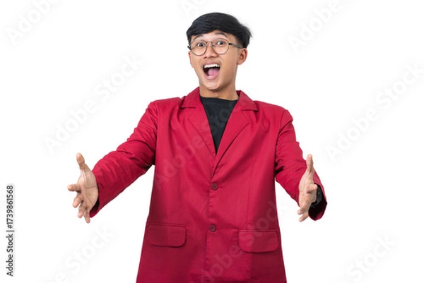 Fototapeta Young college student shocked reaction face expression isolated on white background