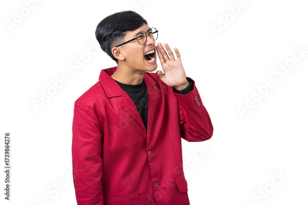 Fototapeta Young college student screaming calling out announcement isolated on white background