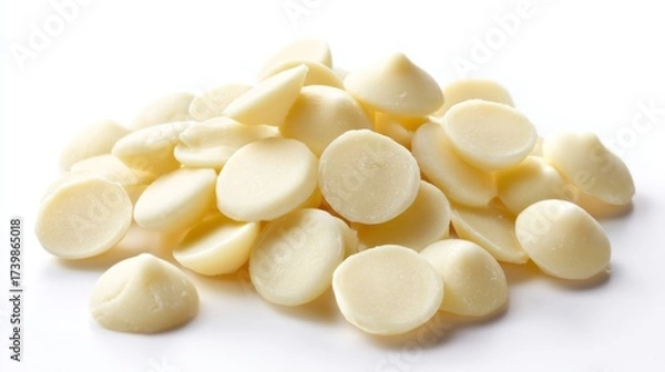 Fototapeta A delicious pile of white chocolate chips glistens in this close-up image. Perfect for baking, decorating or enjoying. Great for sweet treats and candy recipes. AI