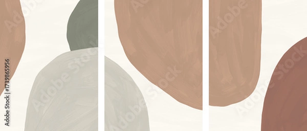 Fototapeta Modern abstract gouache texture collection with paint brush strokes. Contemporary background set with organic forms and earthy colors. Art triptych design in terracotta, beige, sienna, green shades