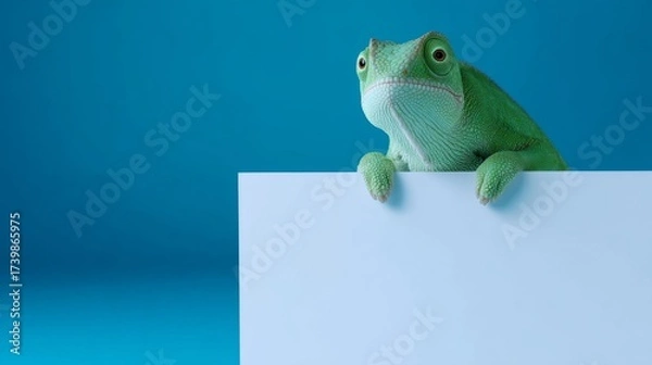 Fototapeta A cheerful green frog peeks over a blank white sign in a bright blue background. This fun, vibrant image captures attention and evokes curiosity. Perfect for nature lovers and creative projects. AI