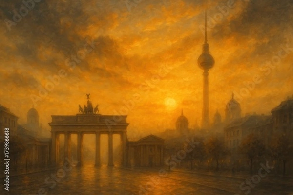 Fototapeta Berlin sunset cityscape with Brandenburg Gate and TV Tower silhouette under glowing orange sky, historical skyline and landmarks at twilight. Illustration by Generative AI
