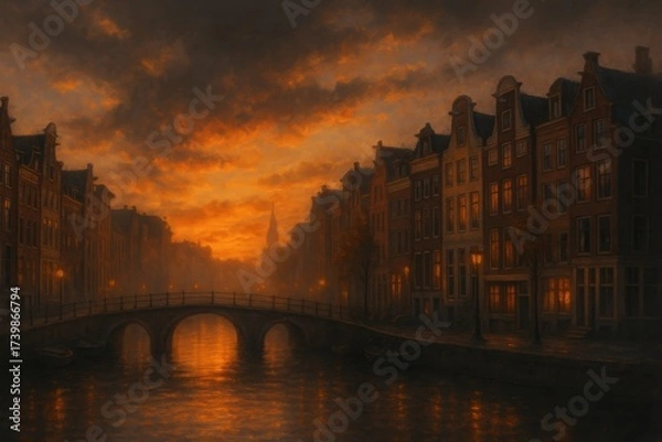 Fototapeta Amsterdam sunset with canal houses, bridge and glowing evening sky, reflections in water creating a romantic Dutch cityscape. Illustration by Generative AI