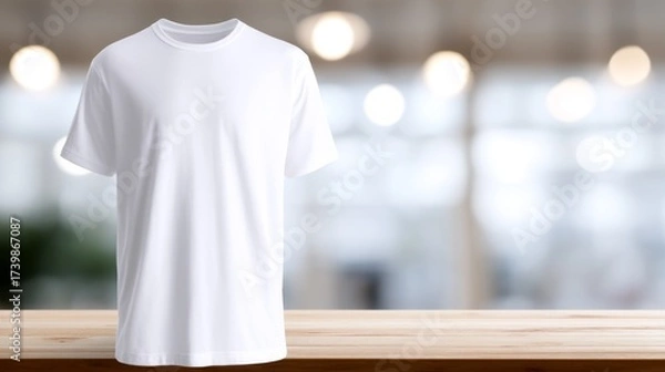 Fototapeta A plain white t-shirt displayed on a wooden surface. This minimalistic style is perfect for casual wear or layering. Ideal for fashion shoots or product displays. AI