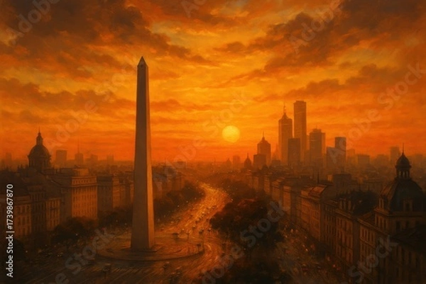Fototapeta Buenos Aires sunset with Obelisco and Avenida 9 de Julio, skyline with skyscrapers, dramatic orange sky. Illustration by Generative AI