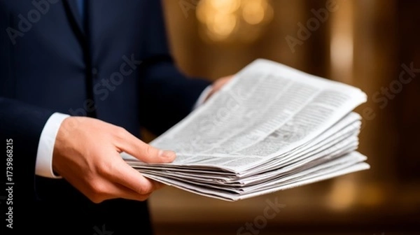 Fototapeta A well-dressed man holds a stack of newspapers. The image captures the essence of information and news delivery. Perfect for editorial use and journalism themes. AI