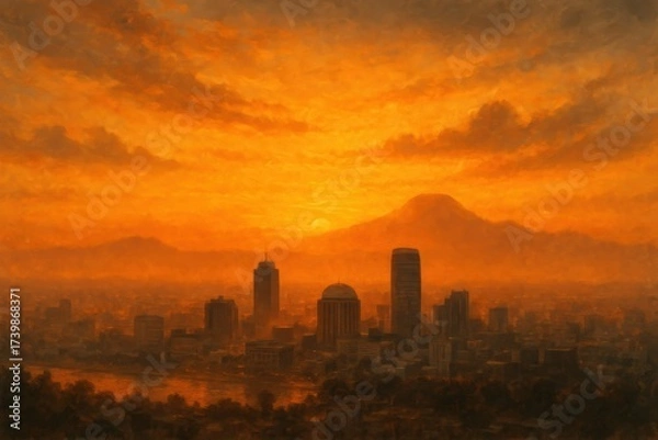 Fototapeta Sunset cityscape with skyline and mountains in warm orange tones, dramatic sky over Addis Ababa with modern buildings and urban silhouette. Illustration by Generative AI