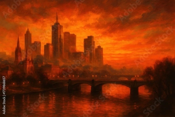 Fototapeta Sunset cityscape with skyline, cathedral towers and illuminated bridge reflecting in the river, dramatic orange sky over Melbourne city. Illustration by Generative AI