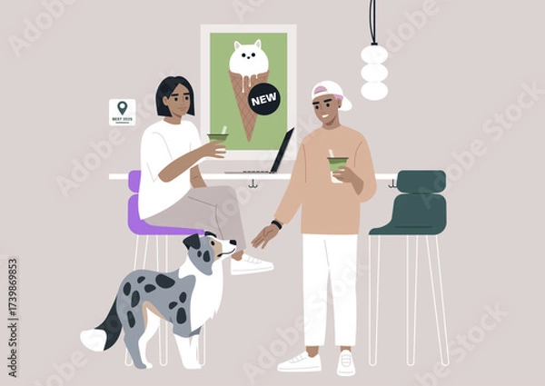 Fototapeta Two friends rejoice in their matcha beverages at a welcoming cafe while a charming dog sits nearby, creating a joyful scene of friendship and relaxation