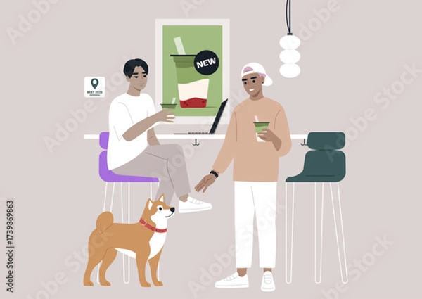 Fototapeta Two friends rejoice in their matcha beverages at a welcoming cafe while a charming dog sits nearby, creating a joyful scene of friendship and relaxation