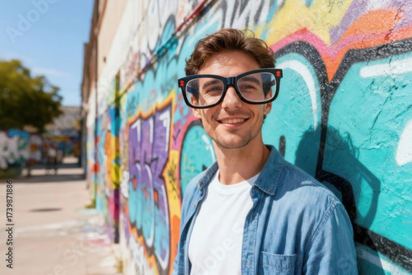 Fototapeta Smiling man wearing oversized novelty glasses standing near colorful graffiti wall on sunny day with playful and urban vibe