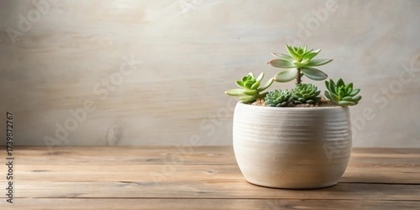 Fototapeta A serene arrangement of succulents in a subtly textured ceramic pot, resting on a rustic wooden surface against a neutral backdrop
