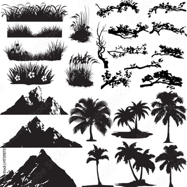 Obraz A set of vector black mountain, grass bush, Palm tree, coconut tree, tree branches on a white background, silhouettes set isolated on white, vector illustrations