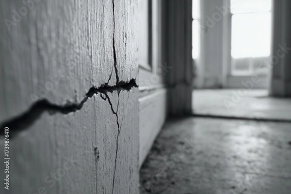 Fototapeta A close-up view of a cracked wall in an abandoned room, showcasing the decay and neglect. Natural light filters through the doorway, creating a somber mood.