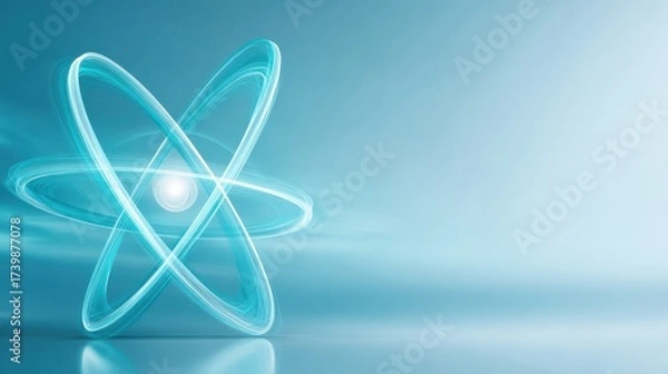 Obraz Modern Atomic Design: A Futuristic Representation of Atomic Structure with Glowing Electron Orbits Against a Soft Blue Background
