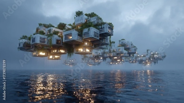 Obraz Futuristic Floating Modular City with Green Roofs Reflecting on Water at Dusk