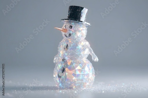 Fototapeta 3D render of an aesthetic white holographic snowman with iridescent reflections and soft glow, minimalist winter holiday background with copy space for festive or creative design