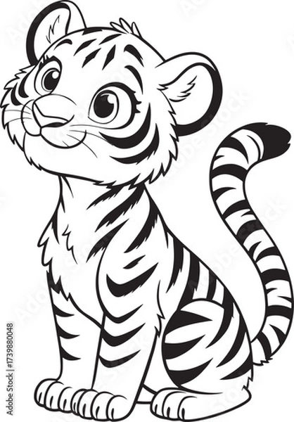 Fototapeta Charming Cub: A delightful illustration of a charming cub with cute stripes and big eyes, sitting and looking at you. A delightful scene, suitable for children's content