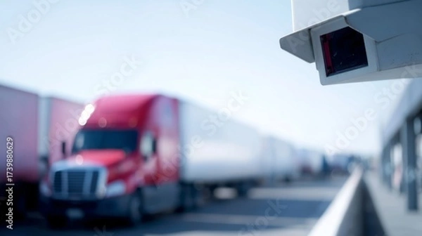 Fototapeta A busy transport scene with a focus on logistics. This image captures trucks lined up for loading. It shows a blend of industry and technology. Perfect for business use. AI