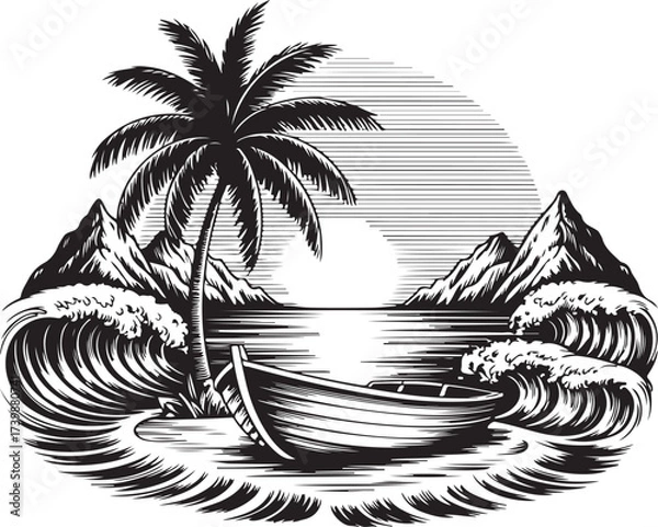 Fototapeta palm trees on the beach engraving outline vector art illustration design, palm tree silhouette, hand drawn beach drawing, line art palm tree, sea, beach, summer view, vintage palm tree on sea beach.	