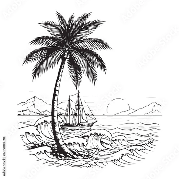 Fototapeta palm trees on the beach engraving outline vector art illustration design, palm tree silhouette, hand drawn beach drawing, line art palm tree, sea, beach, summer view, vintage palm tree on sea beach.	